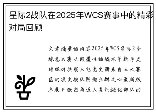 星际2战队在2025年WCS赛事中的精彩对局回顾