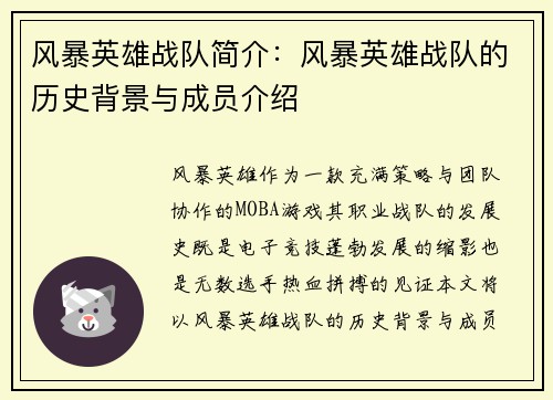 风暴英雄战队简介：风暴英雄战队的历史背景与成员介绍