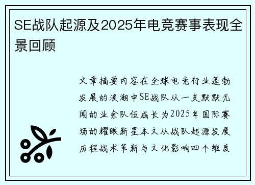 SE战队起源及2025年电竞赛事表现全景回顾